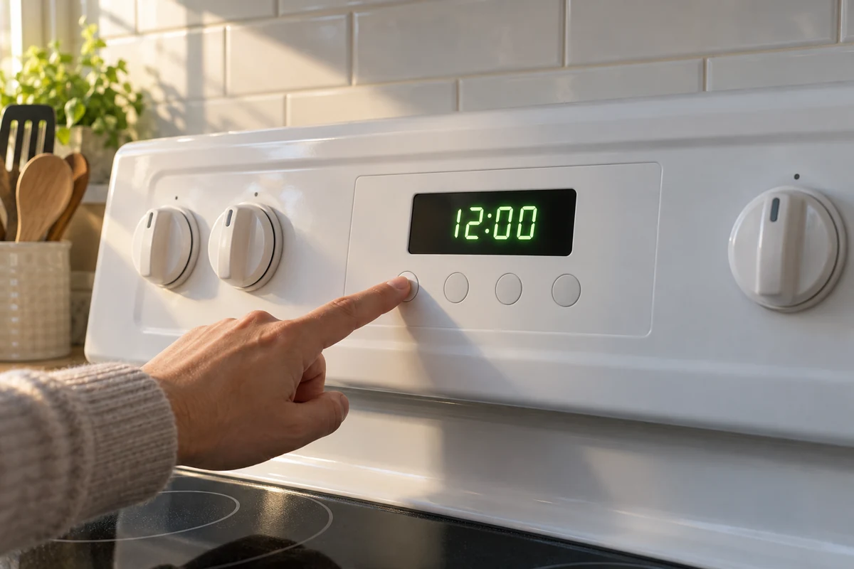 Electric range control panel showing 12:00 flashing after a power outage, with a finger about to set the clock