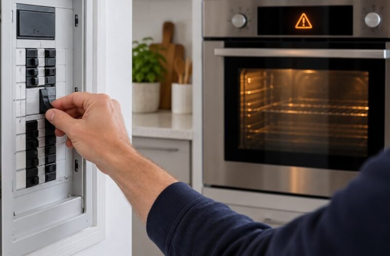 Homeowner switching off the breaker after an oven over-temperature warning