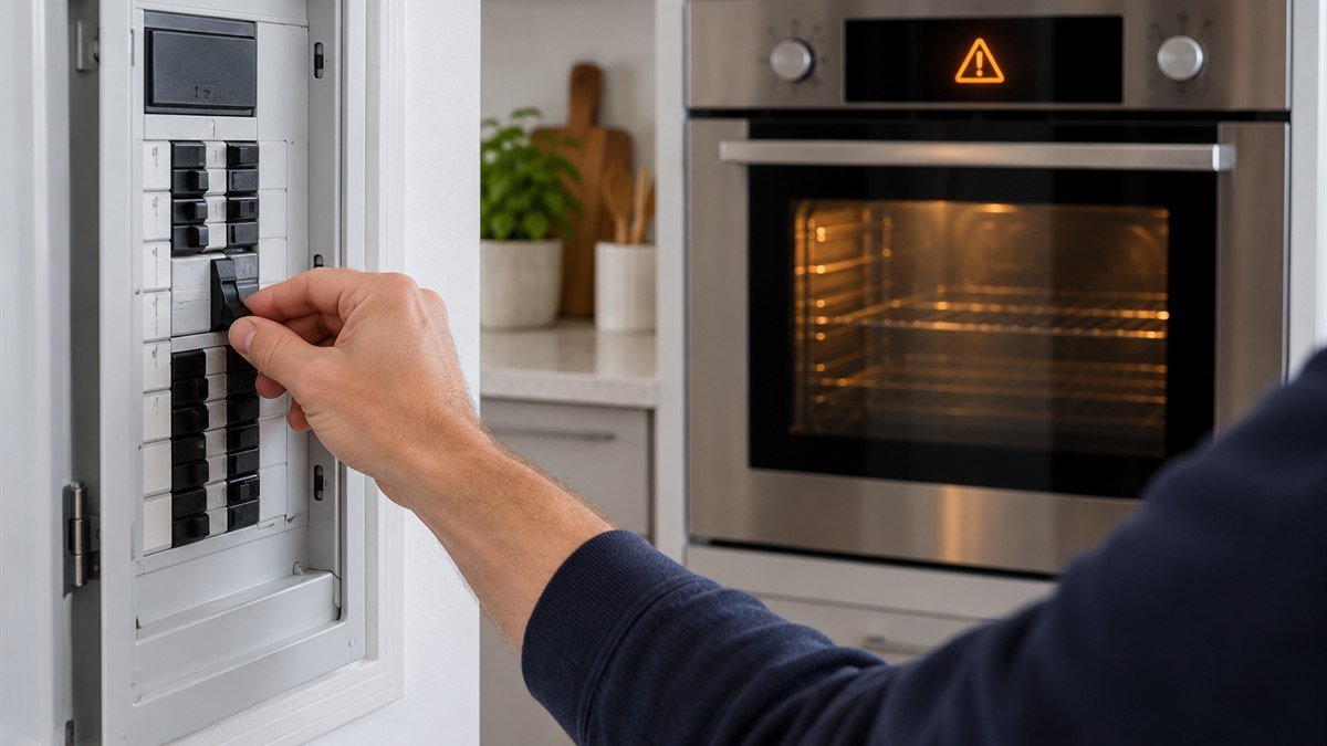 Homeowner switching off the breaker after an oven over-temperature warning