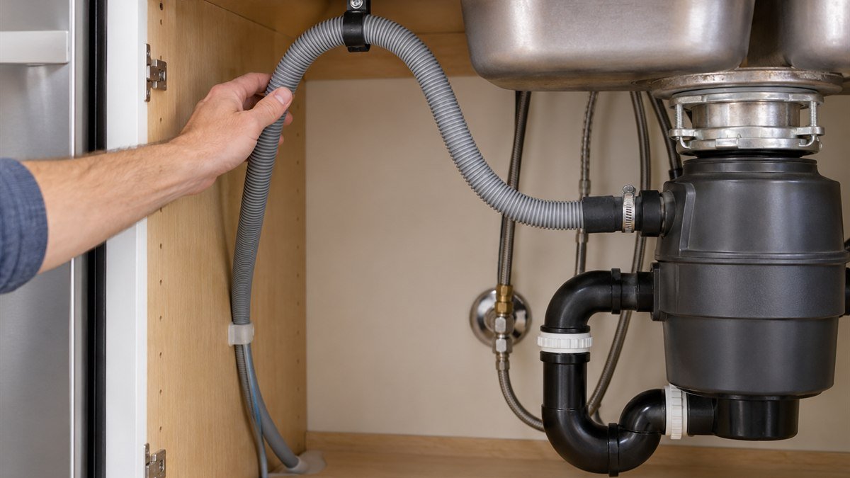 Dishwasher drain hose secured in a high loop under a kitchen sink