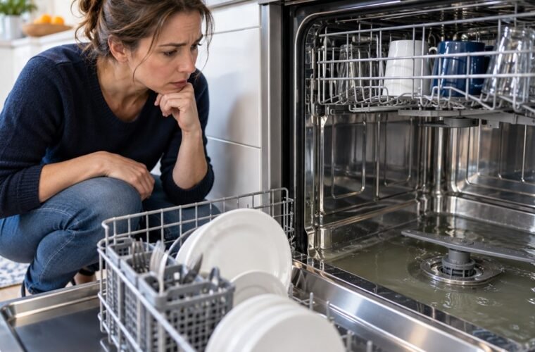 Homeowner inspecting standing water in the bottom of a dishwasher