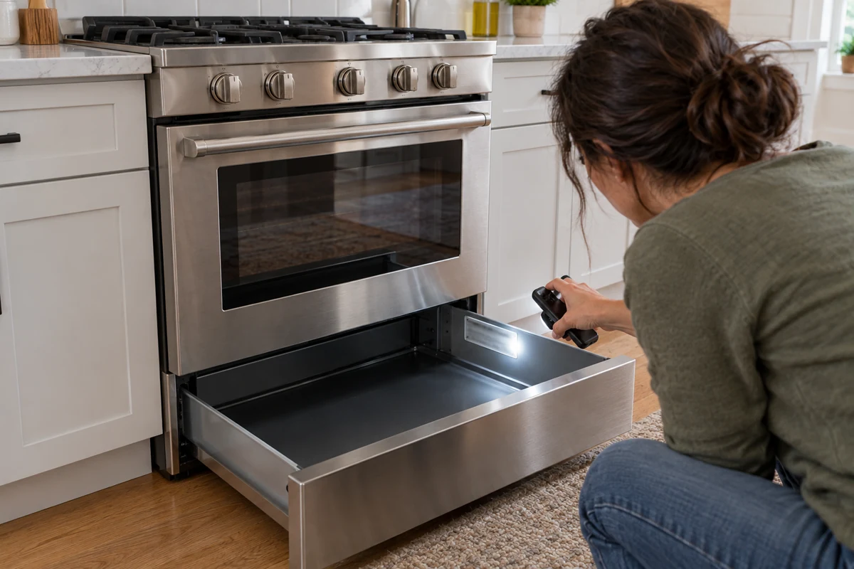 Homeowner with the range drawer open, shining a light on the model and serial nameplate inside the drawer frame