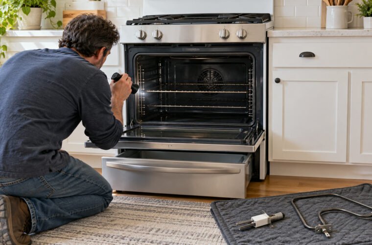 Homeowner inspecting a cold unbranded range with the oven and storage drawer open, with an igniter and bake element nearby