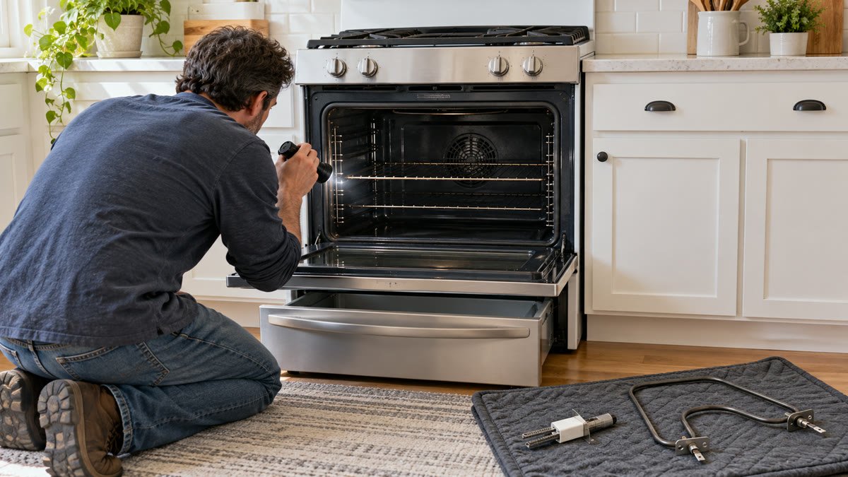 Homeowner inspecting a cold unbranded range with the oven and storage drawer open, with an igniter and bake element nearby