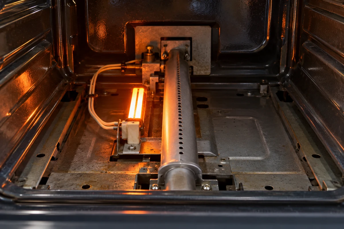 Gas oven bake igniter glowing orange beside the burner with no flame, the classic weak igniter symptom