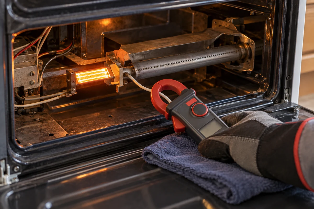 Clamp meter around one igniter wire inside a gas oven while the glow bar heats, used to measure the igniter amp draw