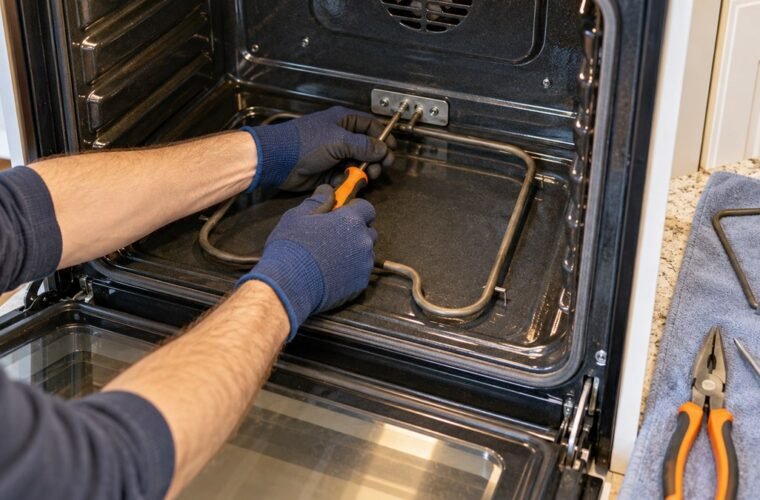 DIYer safely replacing the lower heating element in a powered-off electric oven