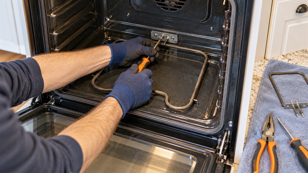 DIYer safely replacing the lower heating element in a powered-off electric oven