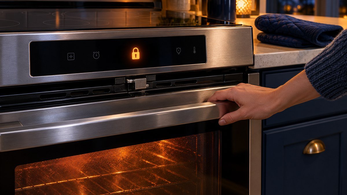 Homeowner waiting for a self-cleaning oven door lock to release as it cools