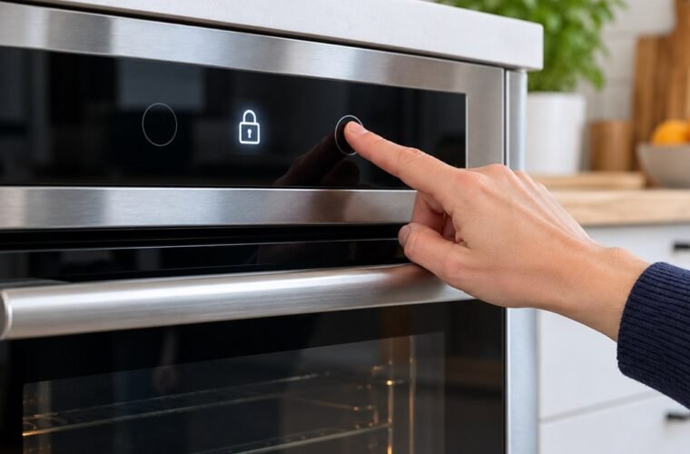 Homeowner pressing and holding the control to unlock an electric oven