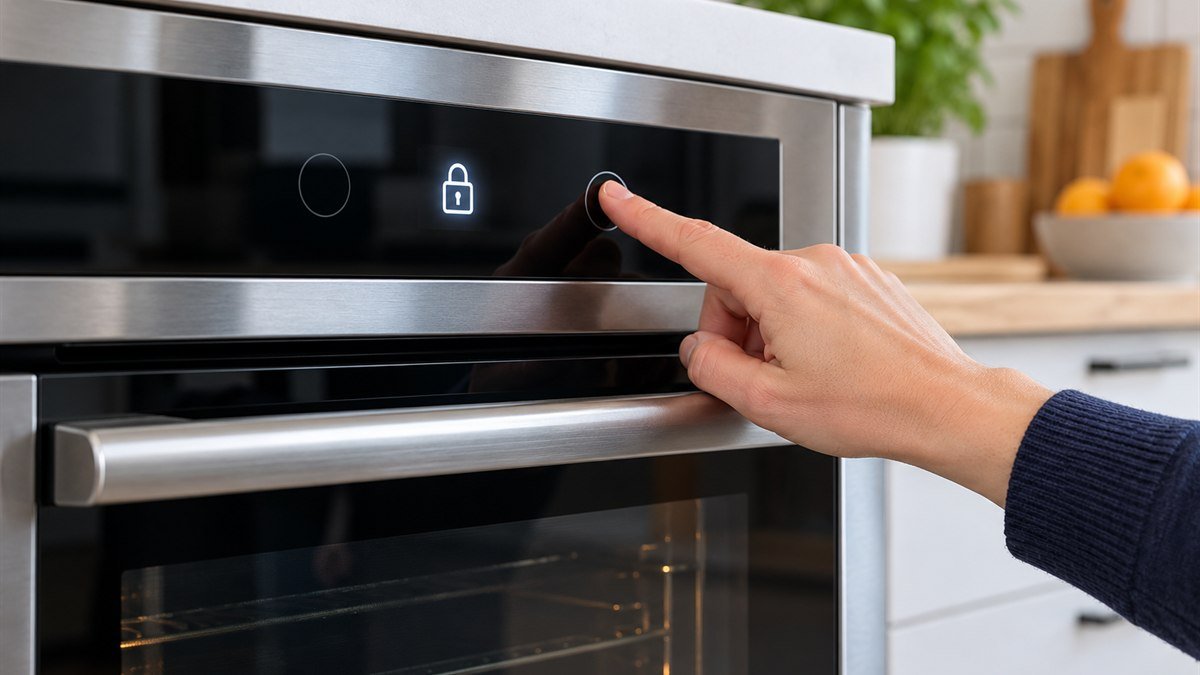 Homeowner pressing and holding the control to unlock an electric oven
