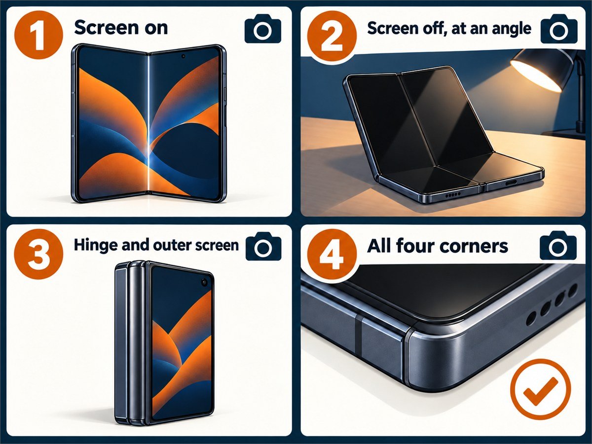 Photo checklist before contacting Apple about an iPhone Duo screen crack: screen on, screen off at an angle, hinge and outer screen, all four corners