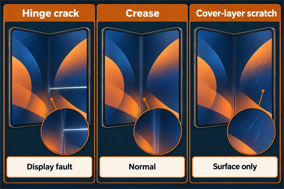 iPhone Duo screen crack compared with the normal crease and a cover-layer scratch on the inner screen