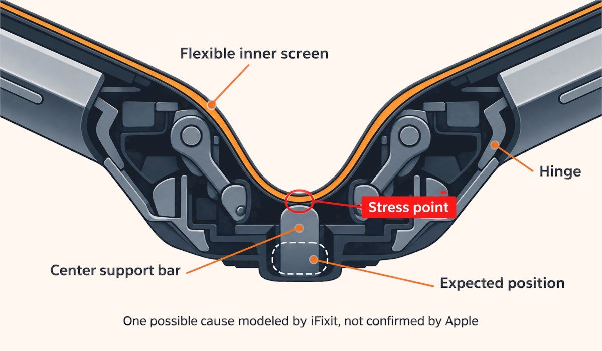 Diagram of iFixit's theory for the iPhone Duo screen crack: a hinge center support bar that does not drop far enough presses on the folding screen
