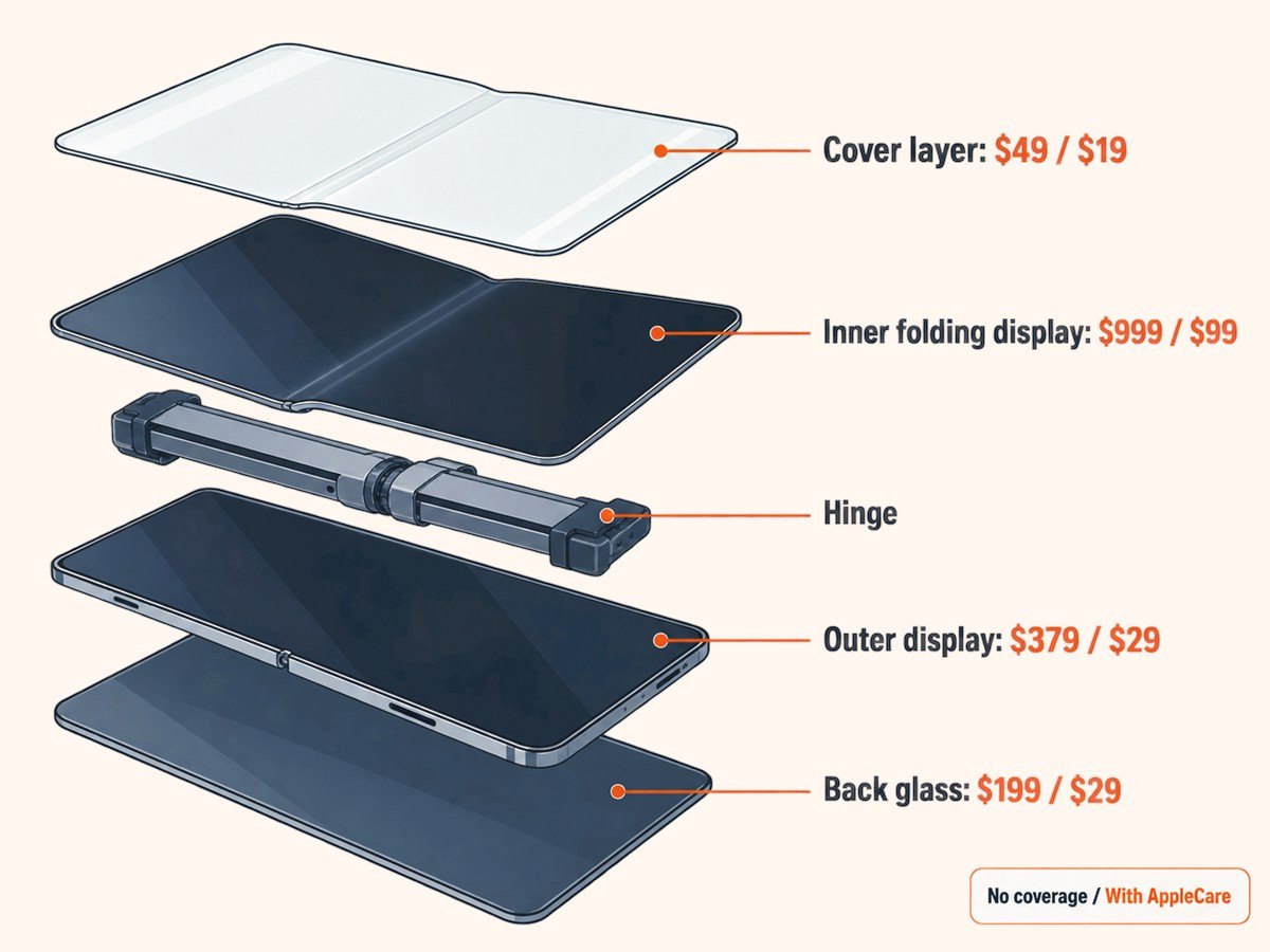 iPhone Duo screen replacement cost by part: cover layer $49, inner display $999, outer display $379, back glass $199, with AppleCare prices beside each