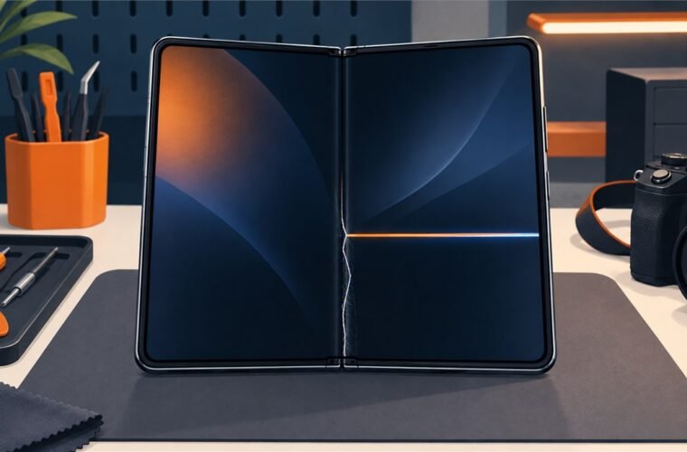 Unbranded foldable phone with a hinge-line screen crack and bright pixel stripe on a repair desk