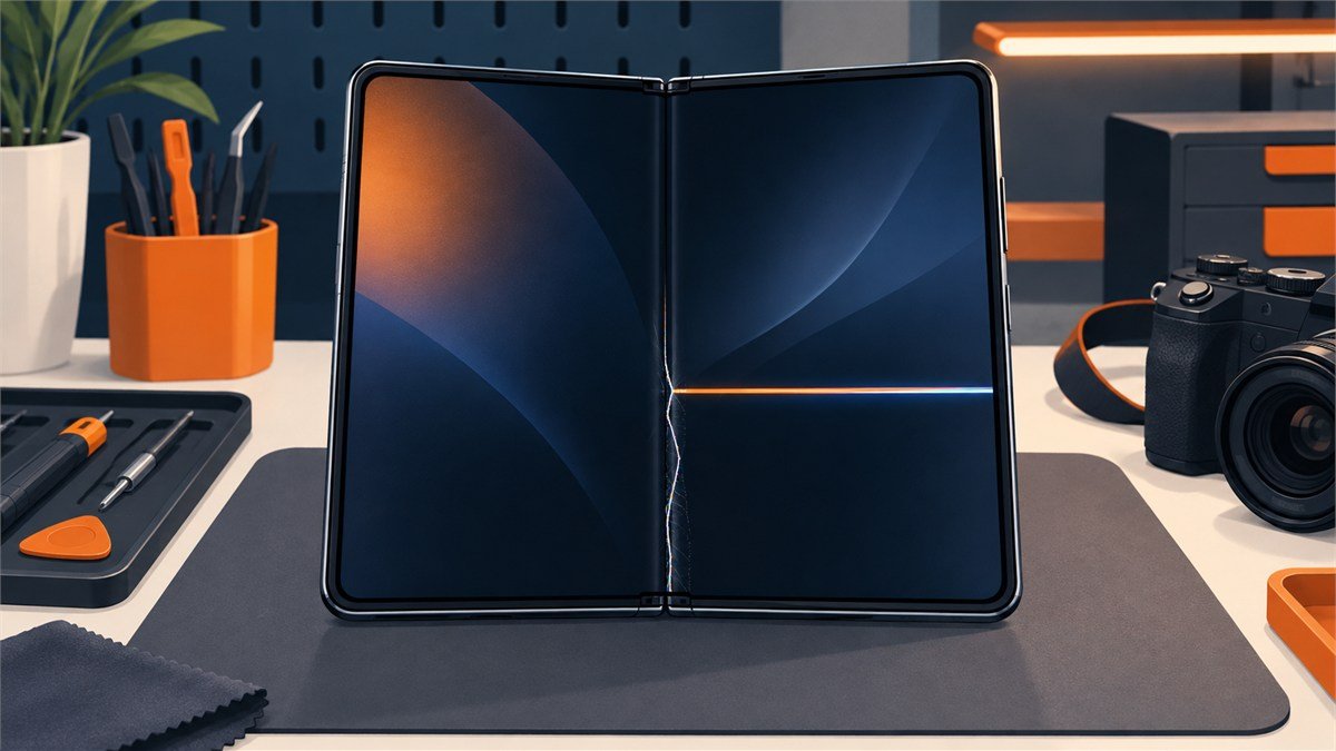 Unbranded foldable phone with a hinge-line screen crack and bright pixel stripe on a repair desk