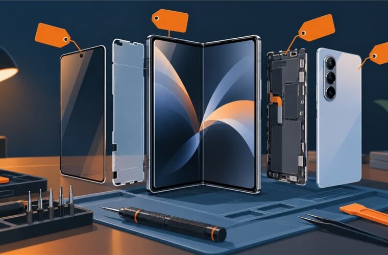 Exploded unbranded foldable phone on a repair bench with the screen and back layers separated