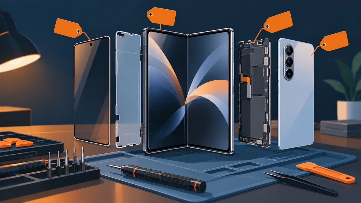Exploded unbranded foldable phone on a repair bench with the screen and back layers separated