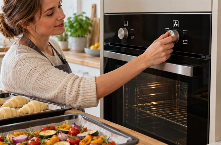 Home cook selecting a fan-convection setting on an unbranded built-in oven