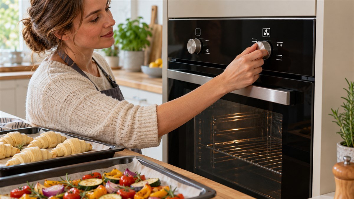 Home cook selecting a fan-convection setting on an unbranded built-in oven