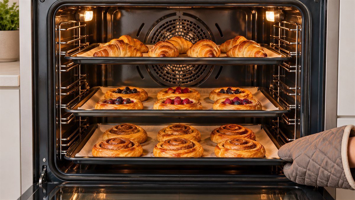Three oven racks baking pastries evenly with the rear convection fan visible