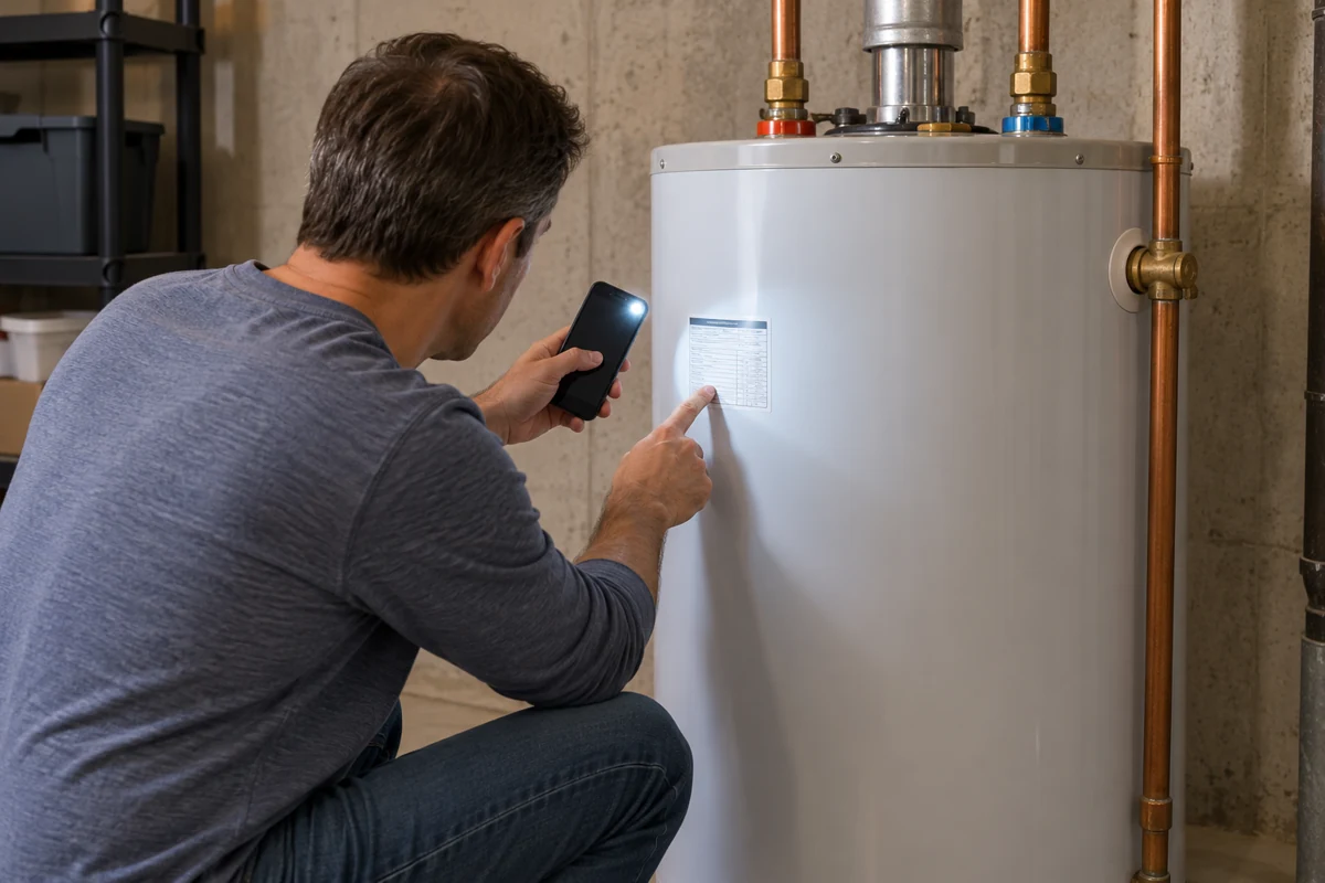 Homeowner shining a phone light on the rating label of a tank water heater to check its gallon size before ordering a deeper tub