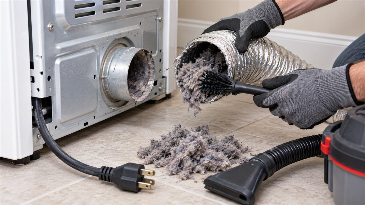 Gloved hands using a lint brush to clean a disconnected dryer exhaust duct with the dryer unplugged