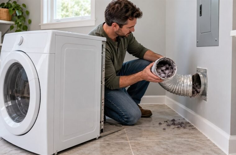 Homeowner inspecting heavy lint buildup in a dryer exhaust duct