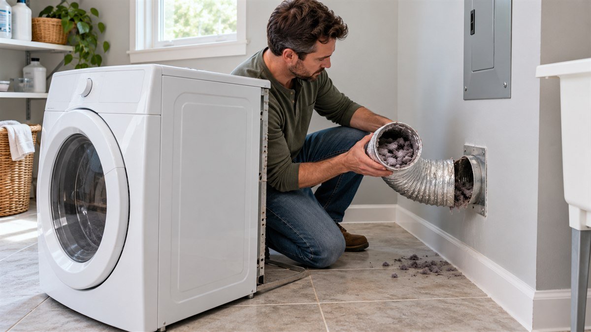Homeowner inspecting heavy lint buildup in a dryer exhaust duct