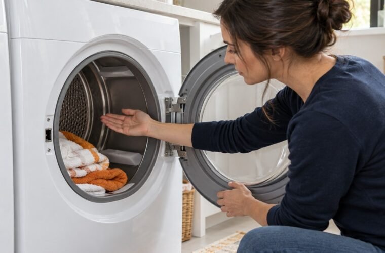 Homeowner checking for warm air inside a stopped front-loading dryer