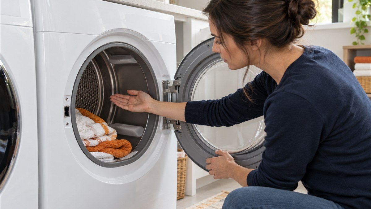 Homeowner checking for warm air inside a stopped front-loading dryer