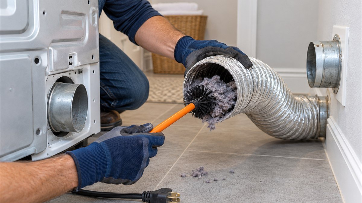 DIYer cleaning lint from a disconnected dryer exhaust duct