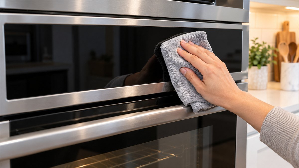 Homeowner wiping an oven touch-control panel with a clean dry microfiber cloth
