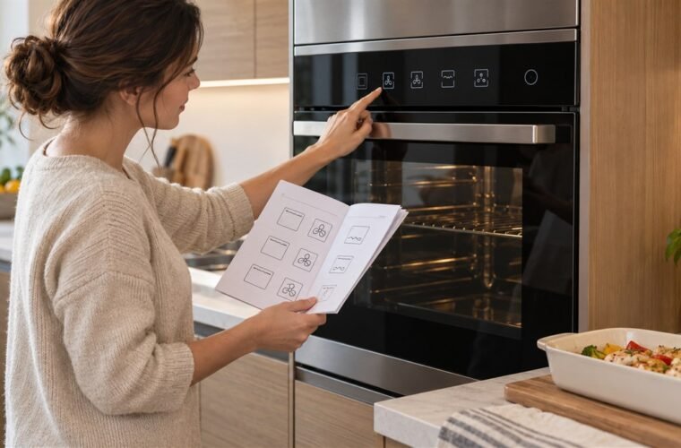 Homeowner comparing the cooking-mode icons on an unbranded modern oven with a diagram-only manual