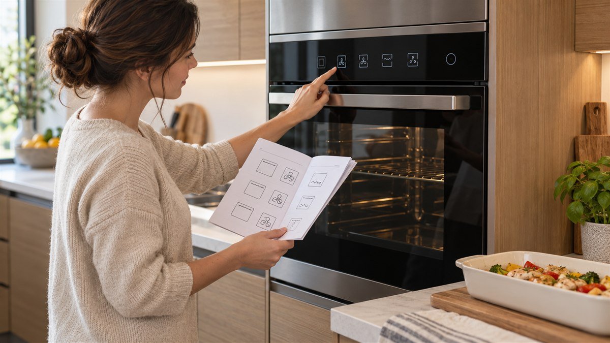 Homeowner comparing the cooking-mode icons on an unbranded modern oven with a diagram-only manual