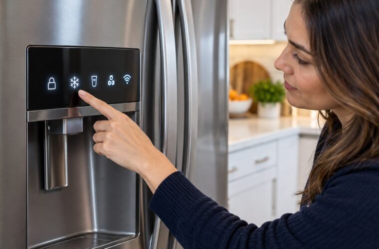 Homeowner checking illuminated symbols on a modern refrigerator control panel