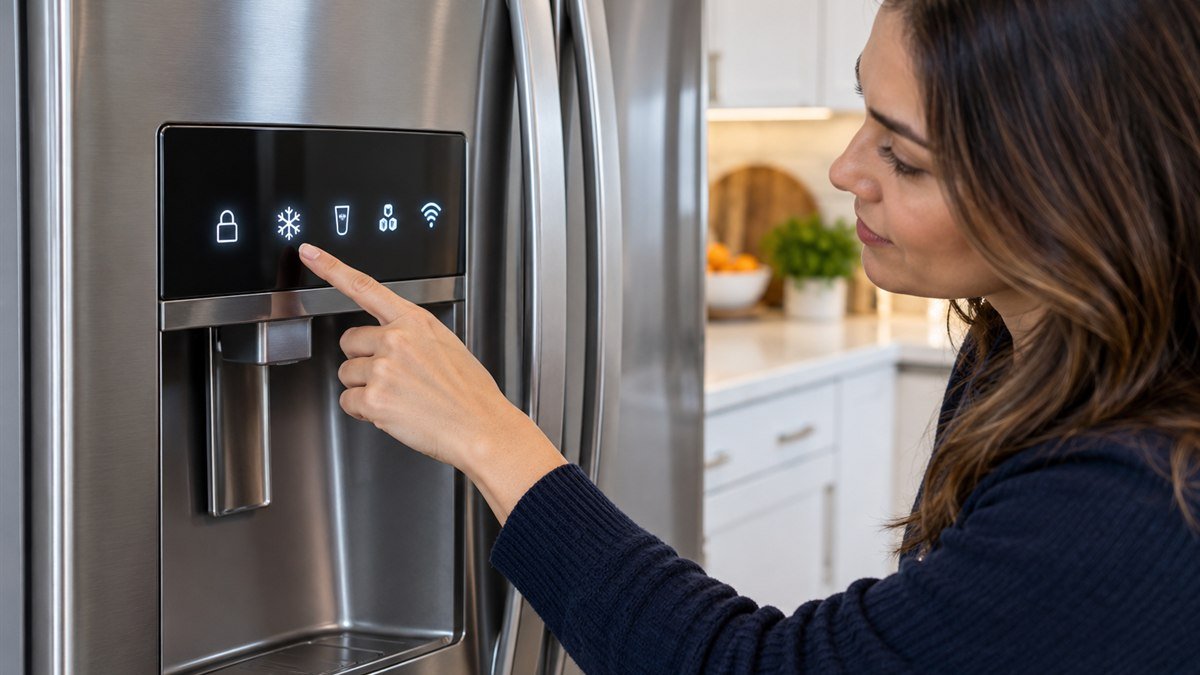 Homeowner checking illuminated symbols on a modern refrigerator control panel