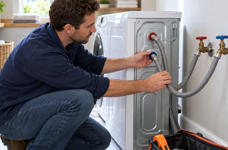 Homeowner checking both hot and cold water inlet hoses behind a washing machine