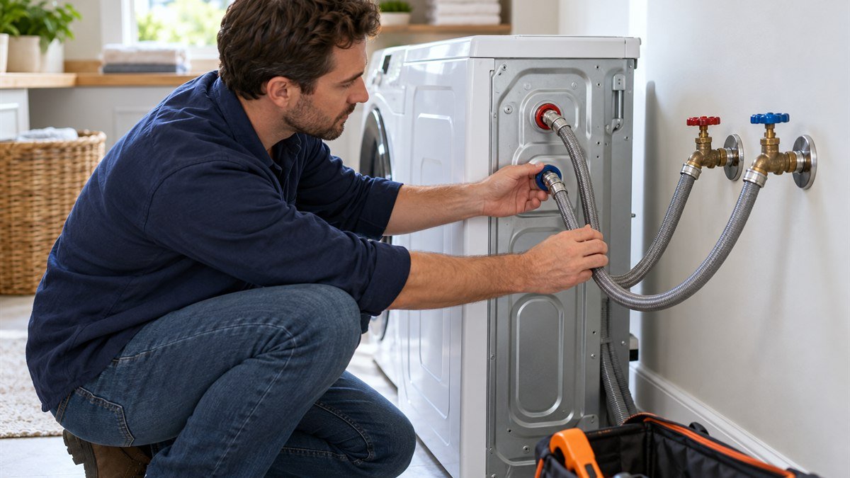 Homeowner checking both hot and cold water inlet hoses behind a washing machine