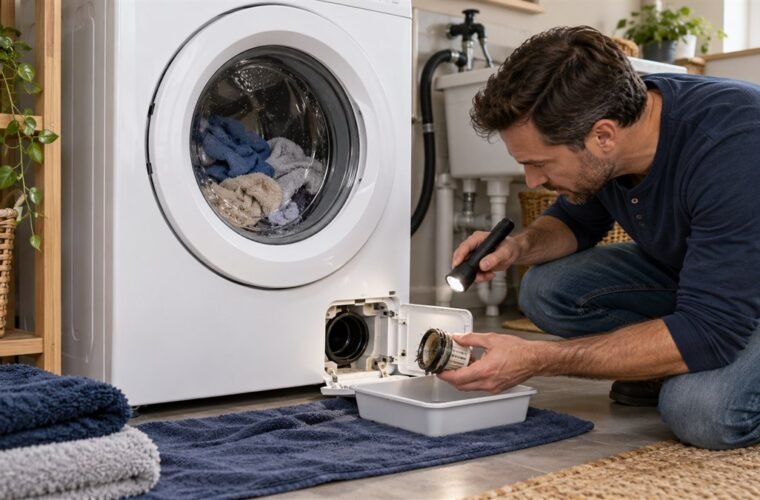 Homeowner inspecting the lower pump filter on a front-loading washer that stopped before spinning