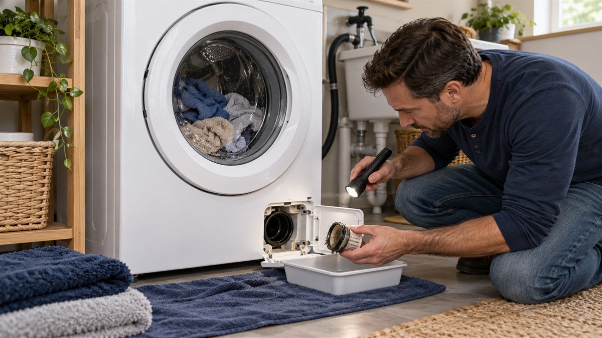 Homeowner inspecting the lower pump filter on a front-loading washer that stopped before spinning