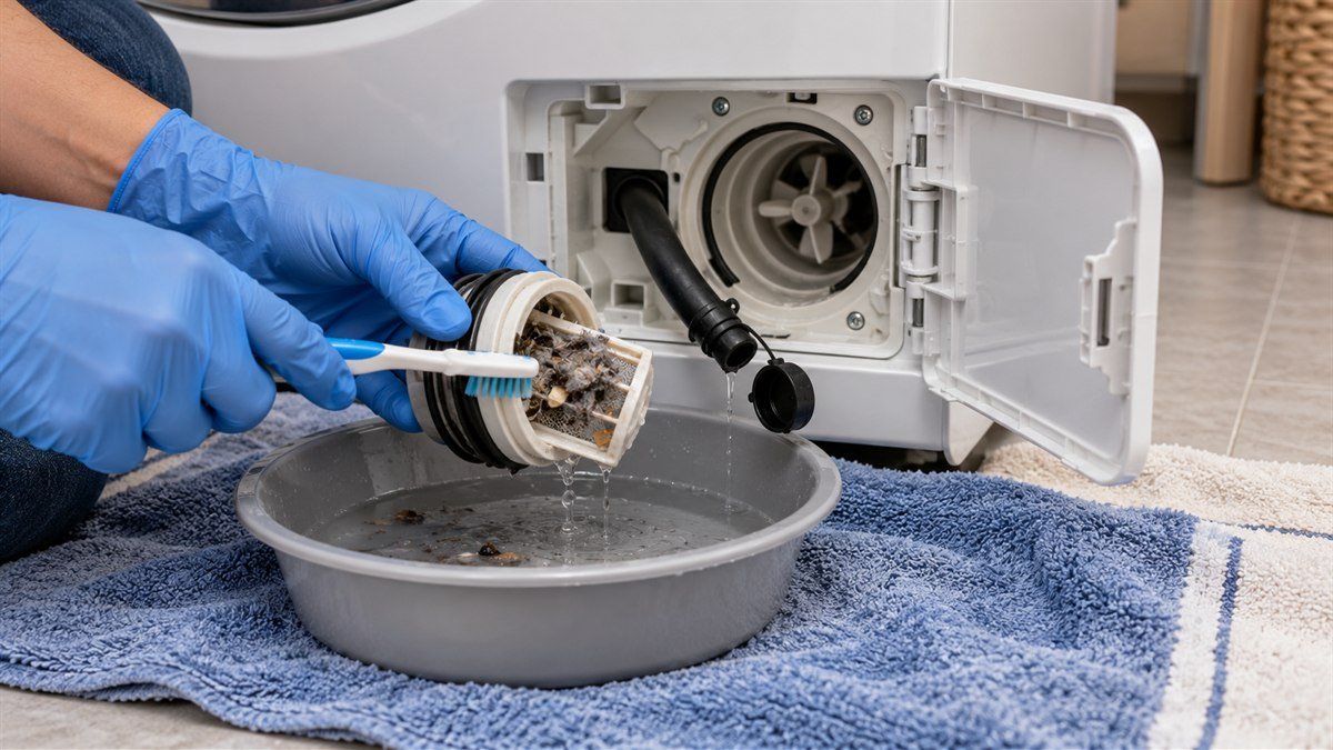 Gloved hands cleaning lint and debris from a front-load washer pump filter over a shallow pan