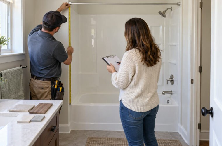 Homeowner and remodeler measuring an existing tub and shower alcove while planning the layout and budget