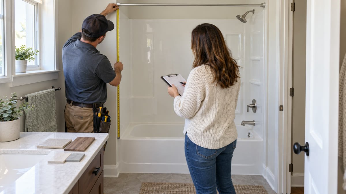 Homeowner and remodeler measuring an existing tub and shower alcove while planning the layout and budget