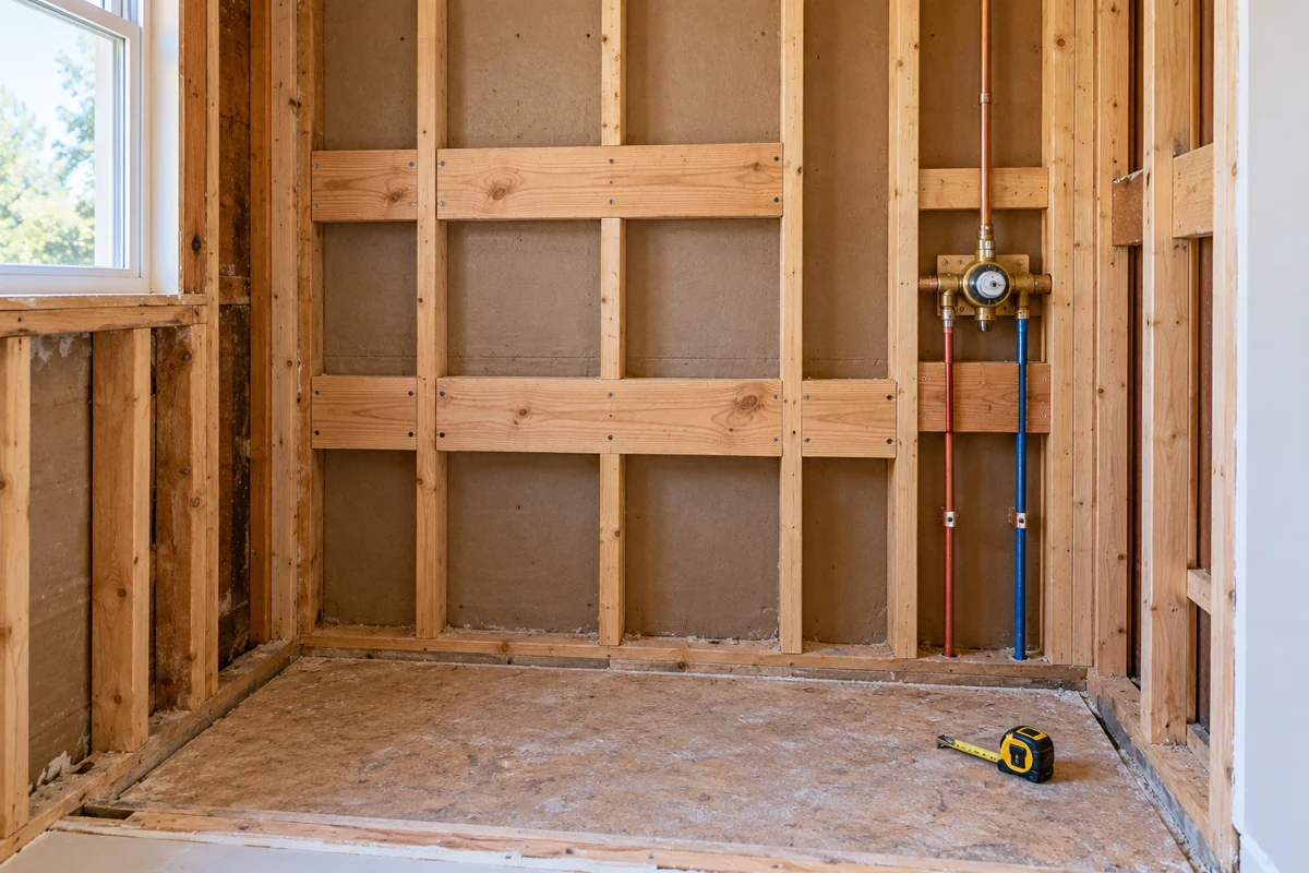Open shower wall with bare studs and horizontal wood blocking installed between them for future grab bars during a bathroom remodel