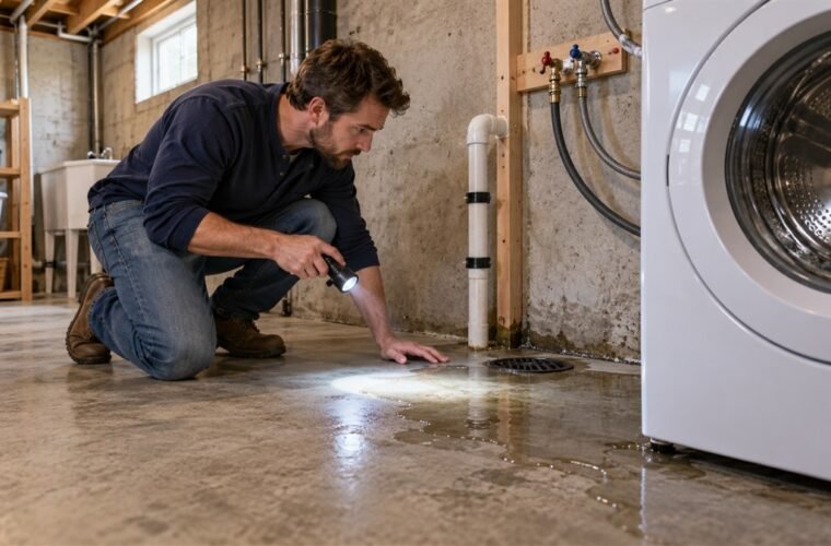 Homeowner tracing a small basement puddle near a washing machine, floor drain and foundation wall