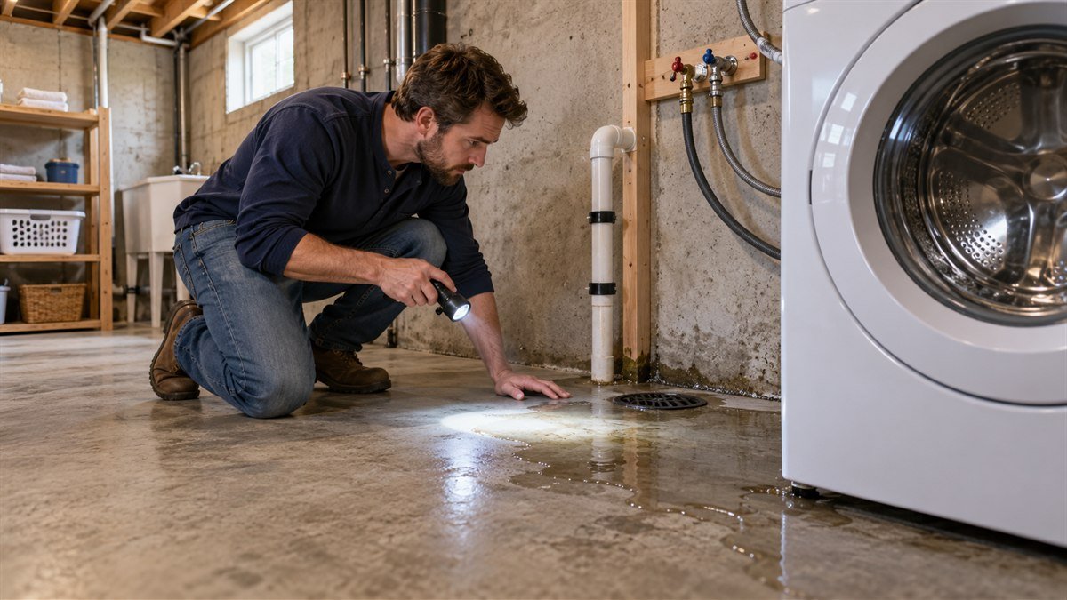 Homeowner tracing a small basement puddle near a washing machine, floor drain and foundation wall
