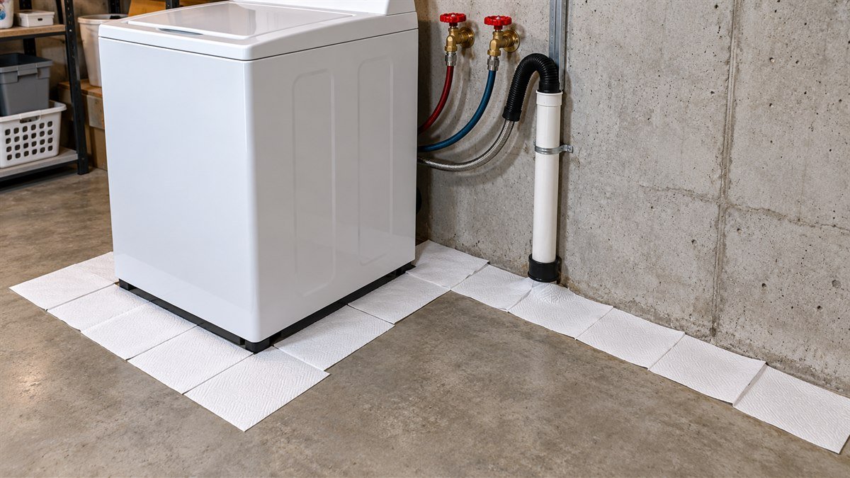 Dry paper towels placed around a washer and along the basement wall-floor joint for a washer-off leak test