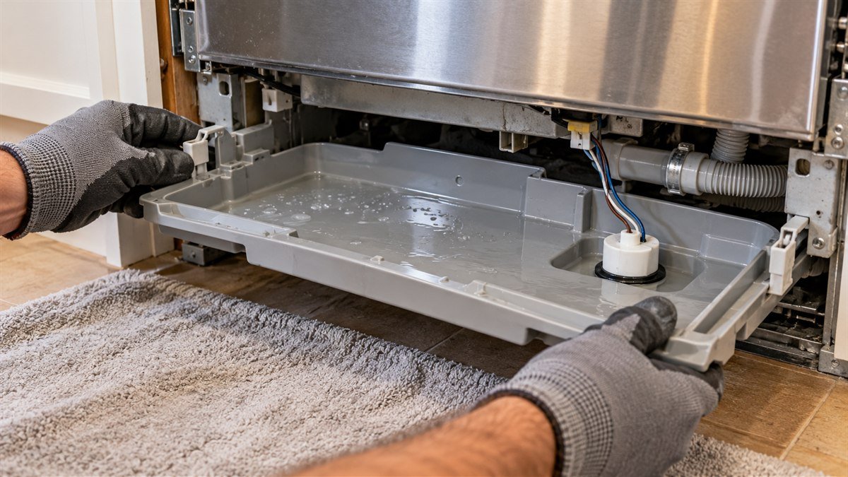 Gloved hands sliding out a dishwasher drip tray while the float switch wire remains attached